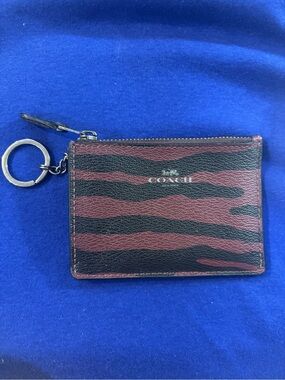 Coach Black & Burgundy Zebra Stripe Card Case Keyring
